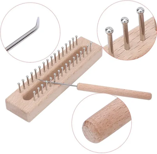 Vista 4 de Máquina de tejer rectangular de madera, telar de tejido a mano de madera natural con agujas de gancho curvadas de metal para bufandas, chales