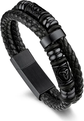 Vista 10 de Bandmax Pulseras de Puño de Cuerda de Cera Doble Negra para Hombres Impermeables de Acero Inoxidable Estilo Nórdico Nudo Celta Cuentas Pulsera