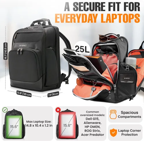 Vista 2 de EVERKI Onyx Mochila para portátil de negocios – Bolso de cuero balístico y nylon duradero, diseño apto para viajes, espacio dedicado para portátiles