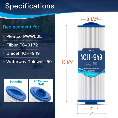Vista 2 de 4CH-949 Filtro de spa compatible con Unicel, Pleatco PWW50L, Filbur FC-0172, Cartucho de filtro de bañera de hidromasaje para Rising Dragon 50