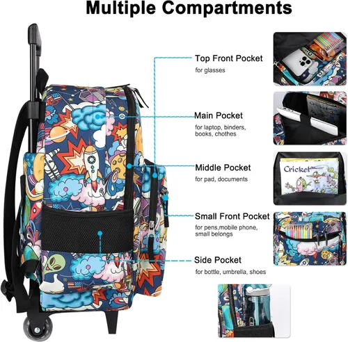 Vista 4 de Tilami Mochila rodante de 18 pulgadas con doble asa con bolsa de almuerzo con ruedas para niños