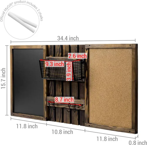 Vista 5 de MyGift - Juego de tablero de anuncios de entrada montado en pared de 3 paneles con marco de madera maciza rústica quemada, pizarra, tablero