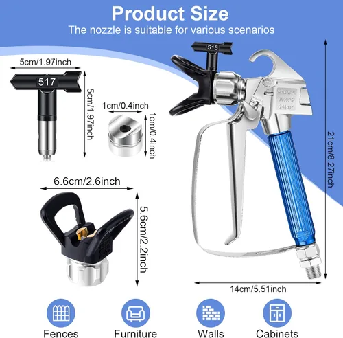 Vista 6 de Pistola pulverizadora de pintura sin aire, kit de 14 piezas con 6 puntas de pulverización reversibles, 6 filtros y asiento de boquilla para máquina