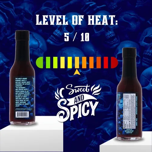 Vista 3 de Salsa picante Hellfire Blueberry Hell con pimientos Carolina Reaper, Gourmet, galardonada salsa picante a base de frutas, 5 onzas