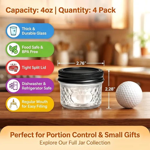 Vista 2 de QAPPDA Tarros de gelatina de cristal con tapas y bandas, utilizados para enlatar, decapado, jugo, mermelada, gelatina, tamaño de cuarto de pinta