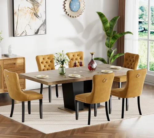 Vista 12 de Henf Juego de mesa de comedor extensible de 78 pulgadas para 6 mesas rectangulares de madera de 7 piezas con 6 sillas tapizadas de terciopelo, mesa