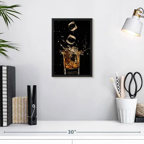 Vista 3 de ElephantStock - Arte de pared con salpicaduras de hielo de whisky - Lienzo enmarcado flotante vertical - Decoración de pared de comedor - Arte