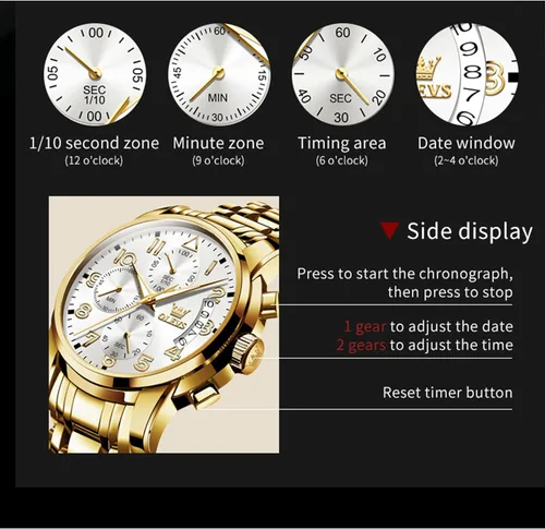 Vista 4 de OLEVS Reloj de pulsera ajustable de acero inoxidable impermeable con cronógrafo de cara grande reloj analógico de moda de negocios reloj de pulsera