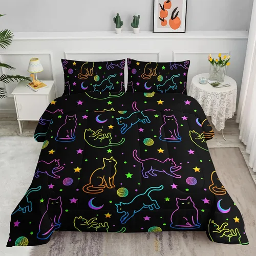 Vista 28 de Axolotl - Juego de ropa de cama para niños con diseño de gatos de dibujos animados tamaño individual, juego de edredón con líneas degradadas y lindo