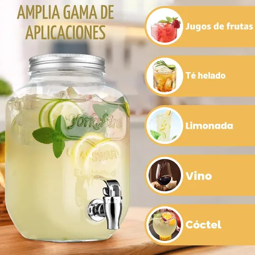 Vista 4 de Dispensadores de bebidas de vidrio de 1 galón para fiestas, dispensador de bebidas de limonada con soporte y grifo para barbacoa, picnic, fiesta