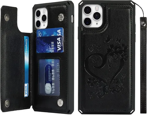 Vista 18 de iCoverCase Funda compatible con iPhone 11 Pro Max con tarjetero para mujer, bloqueo RFID en relieve, piel sintética con correa de muñeca para 11pro