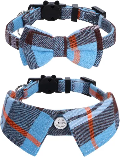 Vista 9 de Faleela Juego de 2 collares de gato con corbata de moño y campana, collar de camisa a cuadros para gatito ajustable de seguridad