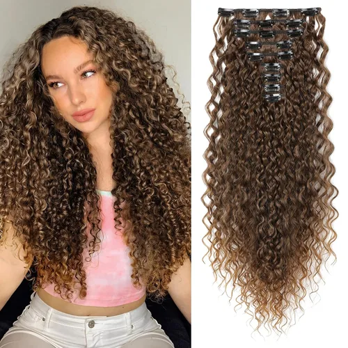 Vista 14 de LONAI Extensión de Cabello, 9 piezas, 56 cm de largo, castaño, extensiones de cabello rizadas con pinza, LN002, extensiones de cabello sintético
