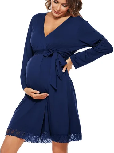Vista 13 de SWOMOG Women's Maternity Nursing Robe Pregnancy Breastfeeding Bathrobes 3 in 1 Labor Delivery Nightgown Negro (Long Sleeve-Black)