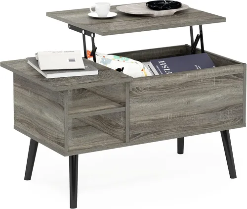 Vista 10 de Furinno Jensen Mesa de centro de madera para sala de estar, con compartimento oculto y estante de almacenamiento lateral abierto, roble Flagstaff