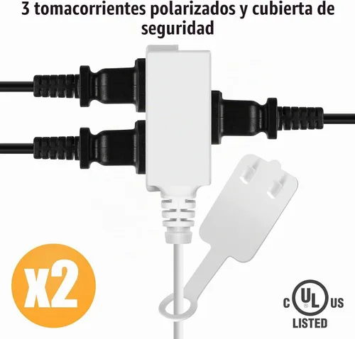 Vista 2 de Cable de extensión doble, enchufe de pared plana de 24 pies, 12 pies en cada lado, regleta de alimentación de 2 clavijas con 6 tomas, divisor