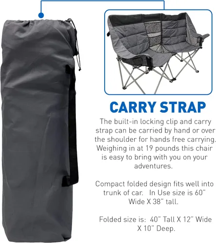 Vista 7 de EasyGo Product Silla de camping – Asiento doble resistente de gran tamaño – Se pliega fácilmente y está acolchado, negro y gris