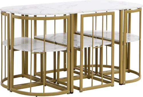 Vista 9 de Quarte Moderno juego de mesa de comedor de 7 piezas con mármol sintético, juego de mesa de cocina de metal compacto, diseño de silla triangular