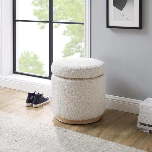 Vista 2 de Otomano Linon Home Décor con base de madera redonda y funda de sherpa color crema Lexington (AMZN2305)