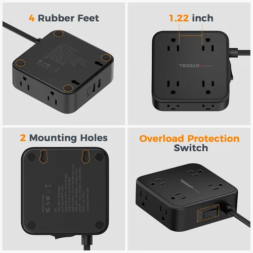 Vista 7 de TESSAN Cable de extensión de enchufe plano de 10 pies con múltiples tomas, regleta protectora de sobretensiones con 3 USB (1 USB C) 8 tomas, Negro