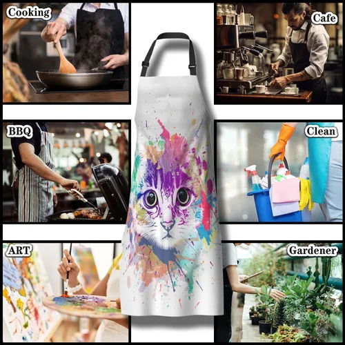 Vista 8 de Delantal de Ama de Casa para Mujeres Gato Colorido Abstracto Divertido Delantales para Hombres para Cocina Cocinar Restaurante BBQ Pintura