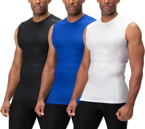 Vista 17 de DEVOPS Paquete de 3 camisas de compresión atléticas sin mangas para hombre 1# (paquete de 3) negro/azul/blanco