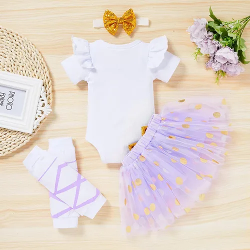 Vista 3 de Conjunto de ropa para bebé recién nacida con estampado de letras, falda tutú, diadema, calentador de leggings, ropa para llegar a casa