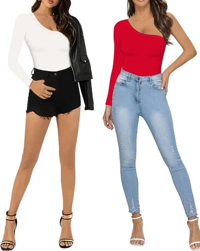 Vista 5 de MANGOPOP Women's One Shoulder Off Sleeveless Long Sleeve Tank Top Bodysuit Jumpsuits
