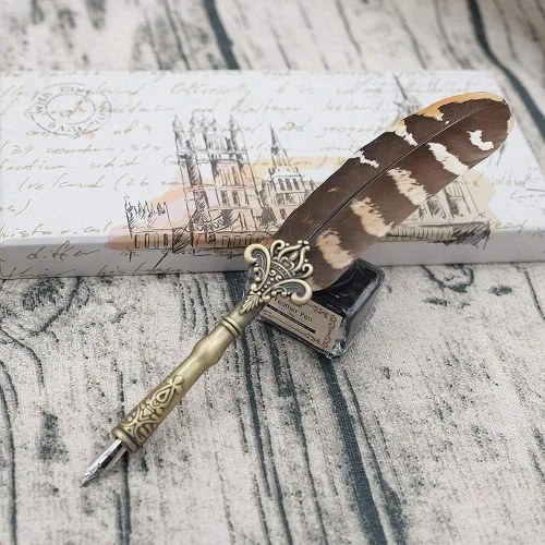 Vista 3 de Bolígrafo de plumas de búho vintage con plumas refinadas para bodas, firmas y escritura