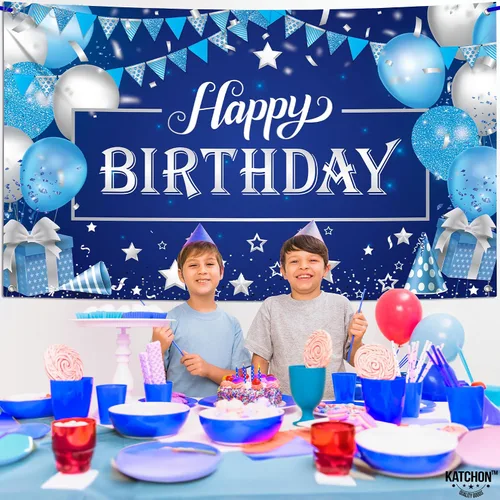 Vista 6 de KatchOn, Cartel grande de feliz cumpleaños plateado y azul - 72 x 44 pulgadas Cartel de pared de feliz cumpleaños para hombres Telón de fondo