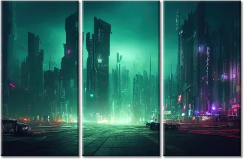 Vista 23 de Arte de pared de 3 piezas de escena de ciencia ficción de la calle comercial futurista paisaje urbano, decoración de pared para dormitorio