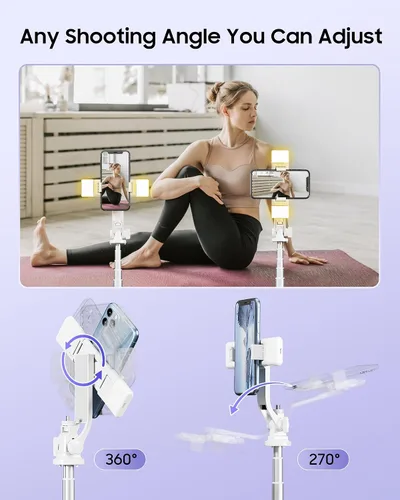 Vista 7 de Trípode para selfie stick de 53 pulgadas con luz, soporte mejorado para teléfono celular de 4 patas, trípode para cámara con control remoto Blanco a