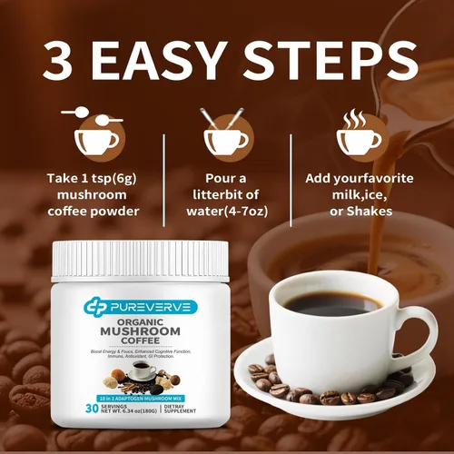 Vista 6 de Café de hongos, mezcla de polvo de extracto de hongos orgánico 10 melena de león, reishi, chaga, cordyceps, cola de pavo 30 porciones