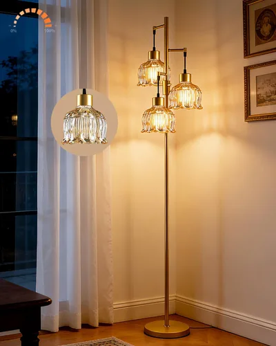 Vista 14 de Lámpara de pie moderna de cristal de 3 luces, lámpara alta de pie dorada con pantalla de vidrio de piña roja profunda, lámpara de pie LED regulable