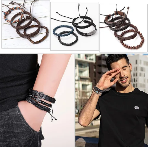 Vista 2 de FIRAZIO Juego de 35 pulseras de cuero trenzado para hombres y mujeres, pulseras de cuentas de madera, cuerdas de cáñamo, étnicas tribales hechas a