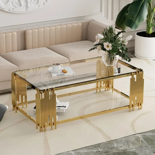 Vista 12 de Mesa de centro de cristal negro de 43 pulgadas, mesa moderna para sala de estar, acero inoxidable dorado, patas de metal, rectangular, de vidrio