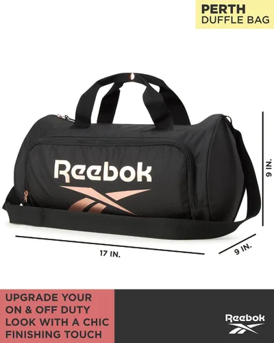 Vista 2 de Reebok Bolsa de lona Perth Sports Gym Bag Ligero de mano en fin de semana para viajes y playa, yoga, Negro con logotipo de oro rosa