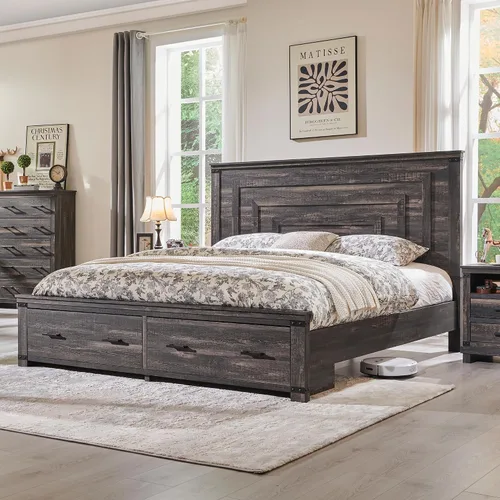 Vista 8 de RedLemon - Marco de cama de estilo granja Queen con cabecera geométrica de 137 cm de altura, cama de plataforma de madera rústica con 2 cajones