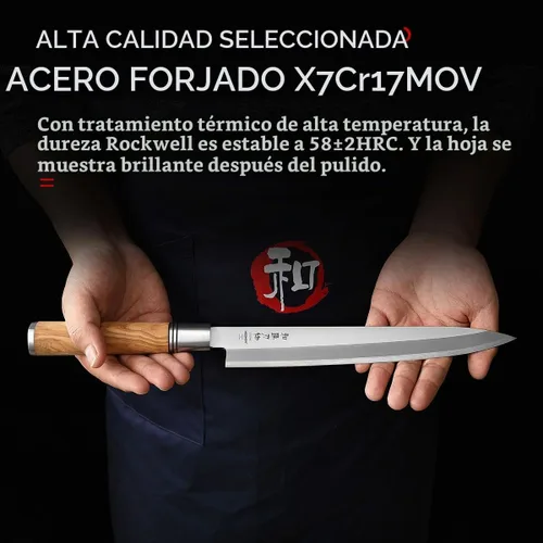 Vista 7 de HEZHEN Cuchillo Sashimi de 9.449 in,Cuchillo de sushi Yanagiba,Mango de madera de olivo con estuche de cuchillo de madera