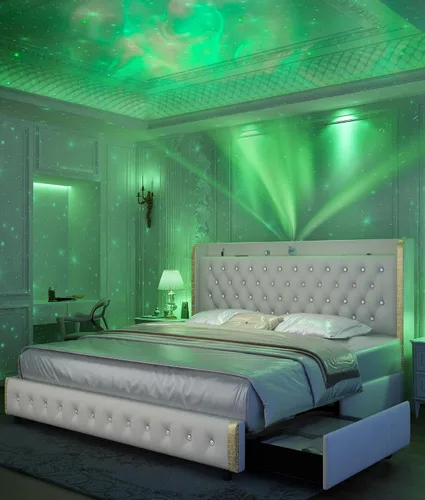Vista 8 de GEGOFORU Base de cama Queen con luces LED y proyector de galaxia, moderna plataforma con respaldo alado con 4 cajones de almacenamiento, puertos