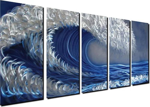 Vista 7 de Arte de pared de metal oceánico, arte abstracto de metal hecho a mano, arte de pared azul y plateado a gran escala, pintura de aluminio 3D única