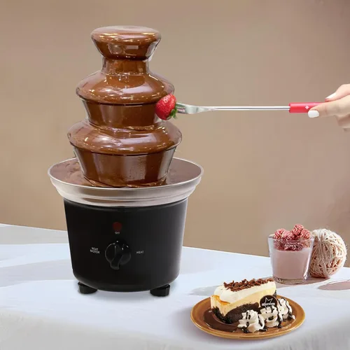 Vista 4 de Mini máquina de fuente de chocolate de 3 niveles, 10 brochetas de bambú, bandeja de servir extraíble, fuente de fondue de chocolate de 16 onzas