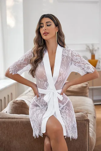 Vista 3 de Avidlove - Bata de noche tipo kimono para mujer de encaje floral camisón de malla transparente lencería tipo babydoll