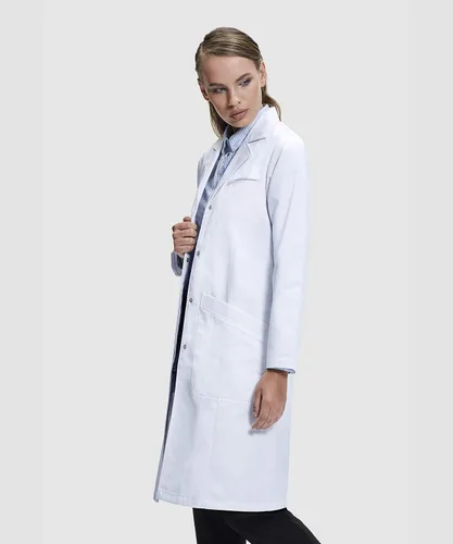 Vista 3 de Abrigo de laboratorio para mujer, múltiples bolsillos, ajuste clásico, blanco, 37 pulgadas de largo