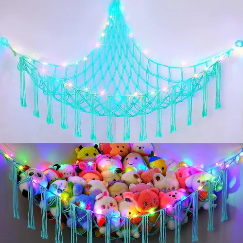 Vista 16 de Basumee Hamaca de animales de peluche con red de esquina de luz LED Crema