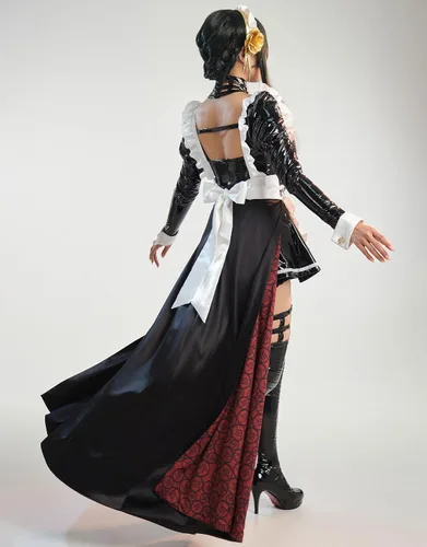 Vista 3 de MEOWCOS - Vestido de sirvienta para mujer, diseño de anime, cosplay, delantal francés, delantal de sirvienta con diadema y calcetines en el muslo