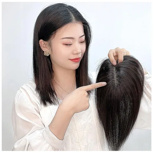 Vista 4 de Parte en U de cabello humano real con base de seda, parte lateral, clip en el postizo lacio, sin costuras, repuesto para pérdida de cabello de Negro