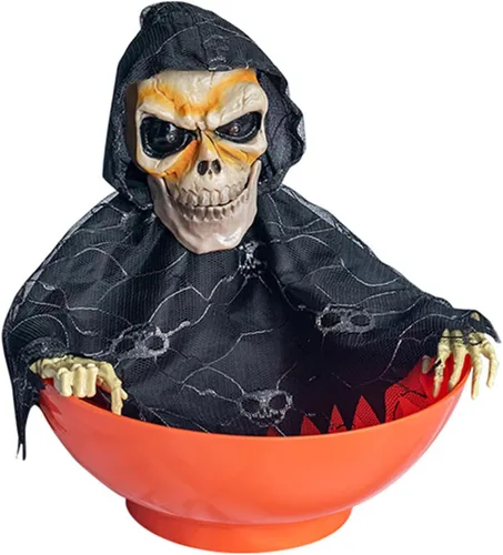 Vista 5 de Soporte de caramelo de esqueleto activado por movimiento espeluznante con calavera gritando y ojos rojos iluminados para decoraciones de Halloween