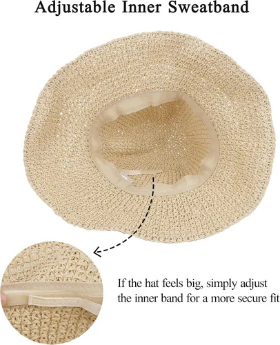 Vista 5 de Sombrero de paja para mujer, plegable, plegable, de ala ancha, para verano, playa, sombrero de ganchillo