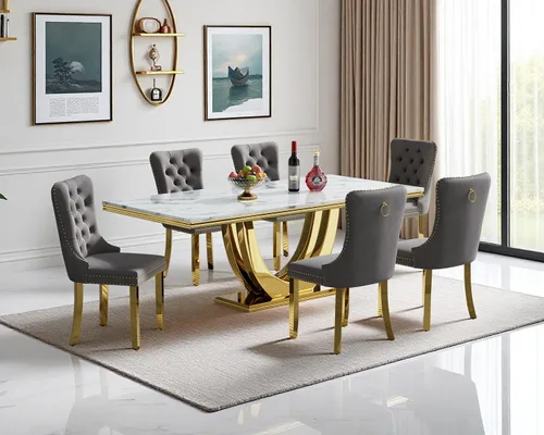 Vista 28 de SSLine Juego de mesa de comedor de mármol sintético blanco de 68 pulgadas